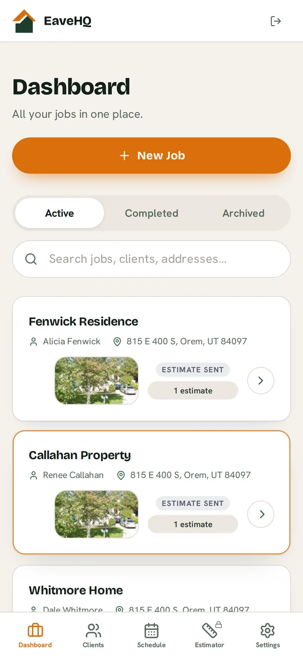 EaveHQ job dashboard showing job names and their current estimate status.