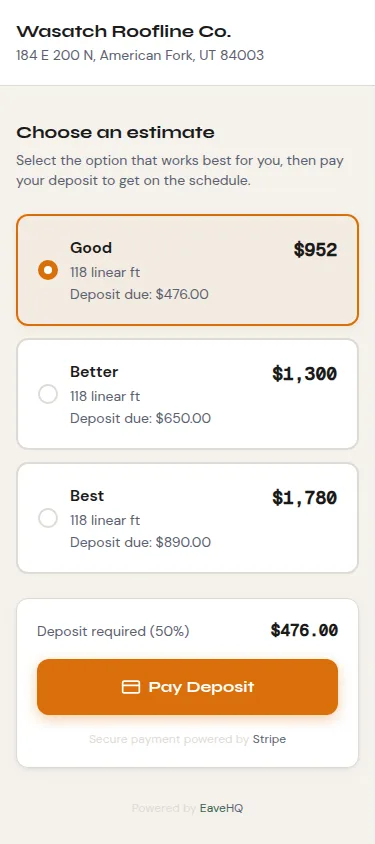 EaveHQ customer quote with Good, Better, and Best packages, deposit amounts, and the Pay Deposit button.